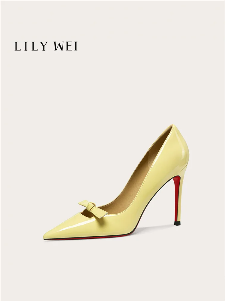 

Spring new pointed patent leather bow flat shoes for banquets, large size high heels, small size widened version women's shoes