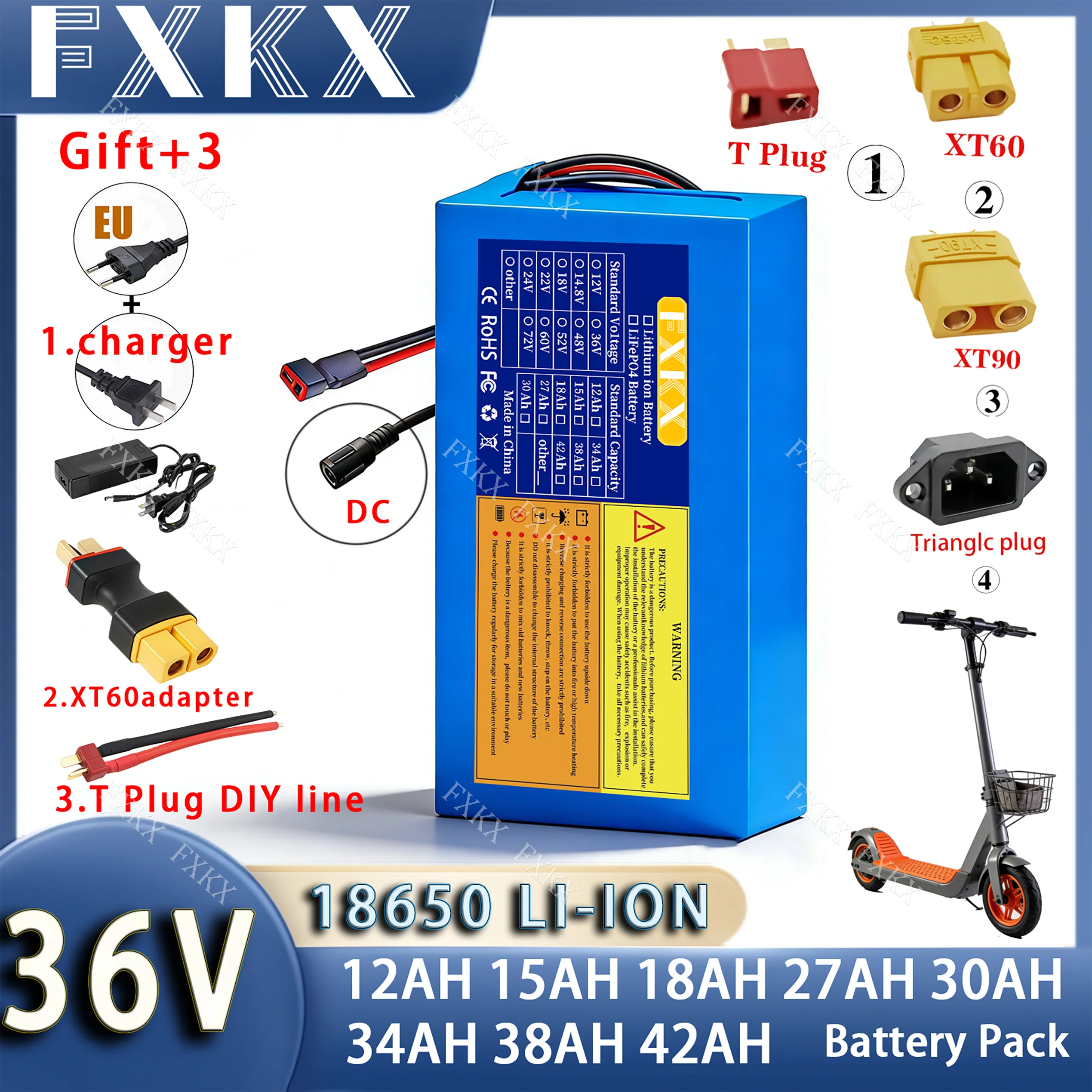 

brand new 36V 12Ah 15Ah 18Ah 27Ah 30Ah 34Ah 38Ah 42Ah Lithium battery With BMS 1500W For 42V E-Scooter Li-ion Battery Pack