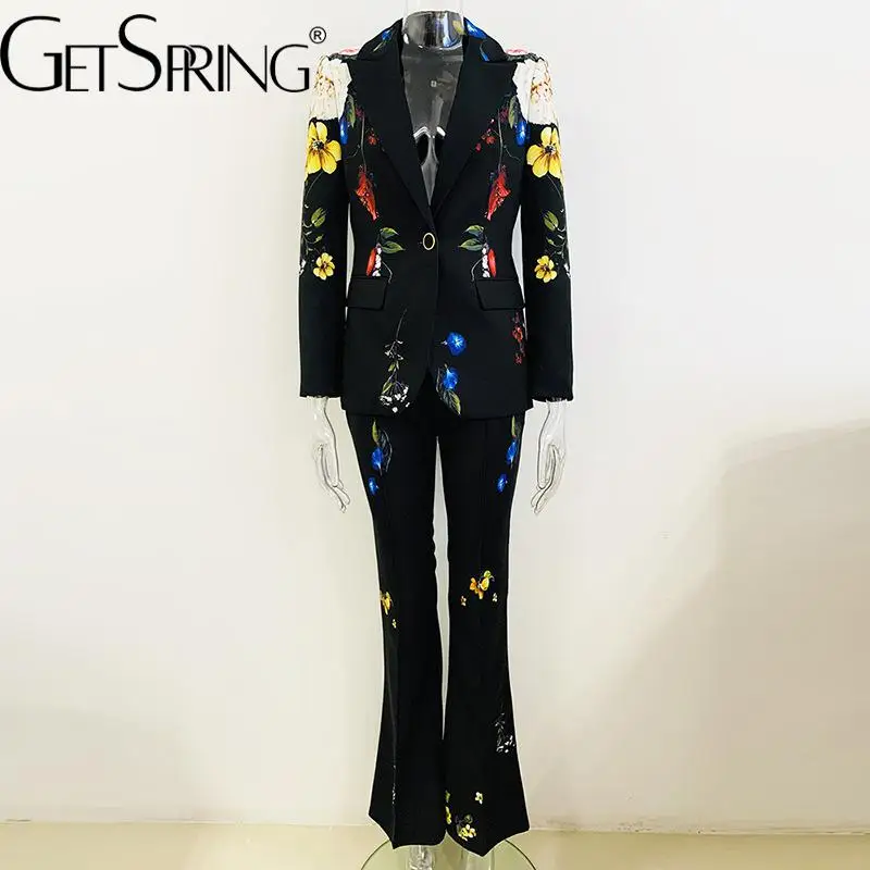 

GetSpring Women Pant Suits 2024 Autumn Flower Printed Single Button Blazer Coat High Waist Long Flare Pants Two Pieces Sets New