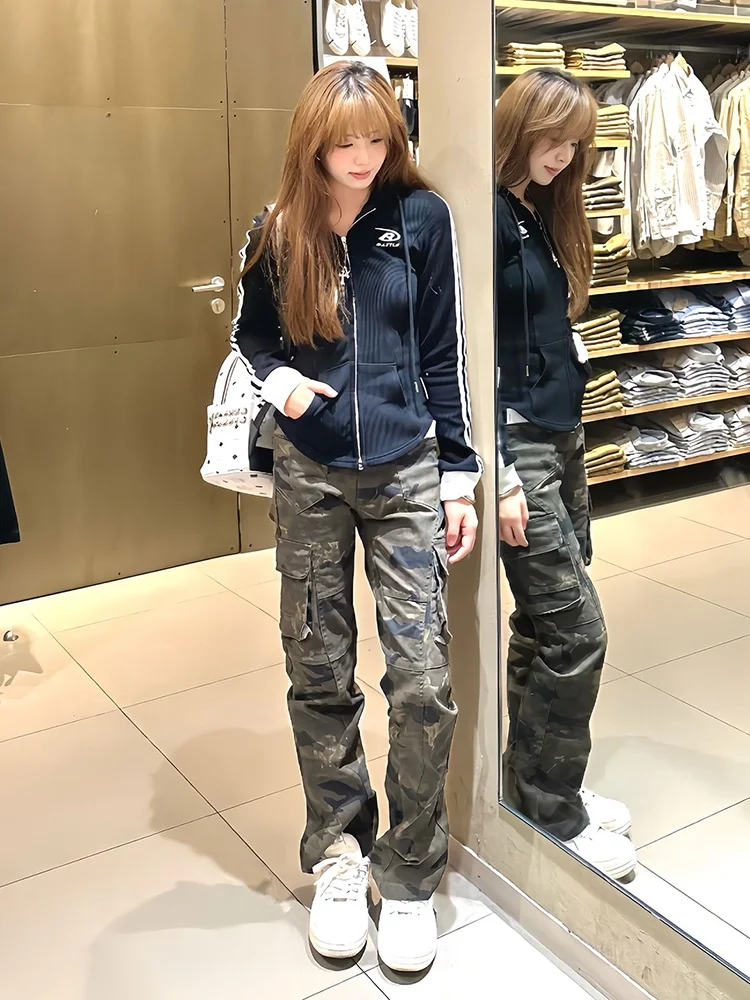 American High Street Vibe Flared Denim Jeans Women's Multi-ket Logging Work Pants Small Size Straight Leg  Hoof Long ...