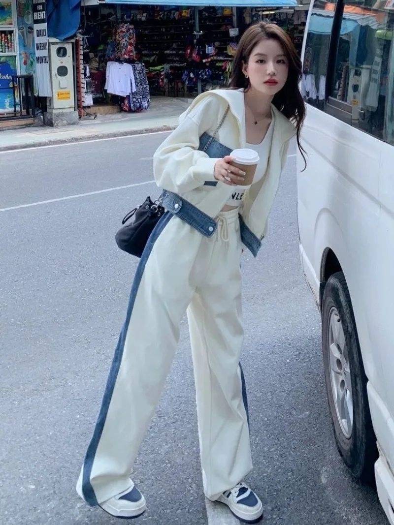 Sweater Denim Splicing Casual Sports Suit Set Spring Autumn New Fashion Sweater Wide Cardigan Contrasting Color Two-piece Set