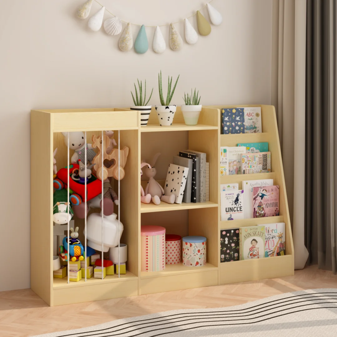 3-in-1 Kids Bookshelf And Toy Storage, Montessori Toddler Bookcase With Stuffed Animal Sling, Natural