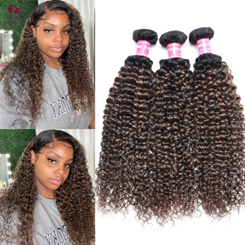 Beauty Forever Balayage Color Curly Human Hair Bundles Grade 12A Thick End Colored Brazilian Remy Human Hair Weave 3/4 Bundles