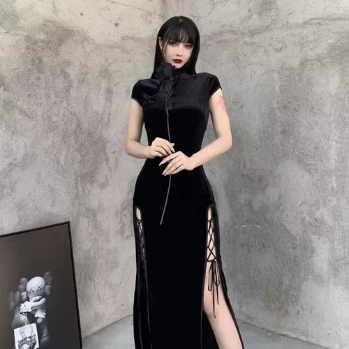 Imagen 2 del producto Vestido Qipao chino Cheongsam moderno para mujer, estilo gótico oscuro, Sexy, abertura, negro, Vintage, Oriental, actuación de baile