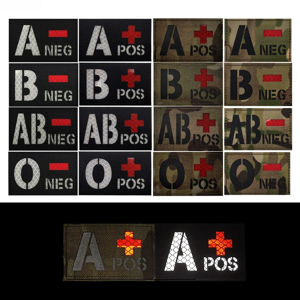 Large Size 8*5cm Blood Type Patches Nylon Reflective Badge Hook Loop Stickers ABO POS NEG Medical Aid Mark for Helmet Backpack