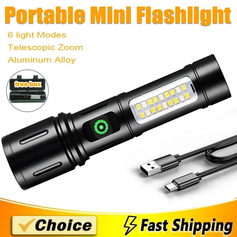 Portablr Mini LED Flashlight Light High Power LED USB Rechargeable Telescopic Zoom Portable Torch Outdoor Riding Camping Lantern