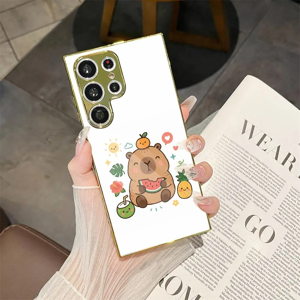 Capybara Printed Phone Case For Samsung Galaxy S25 S24 S23 Ultra Electroplated Metal Case Glass Back Cover
