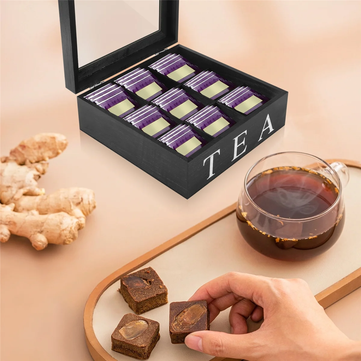 ABLK Wooden 9 Grids Tea Box Tea Bags Container Storage Box Square Gift Box Case Transparent Top Lid Jewelry Storage Box-Black