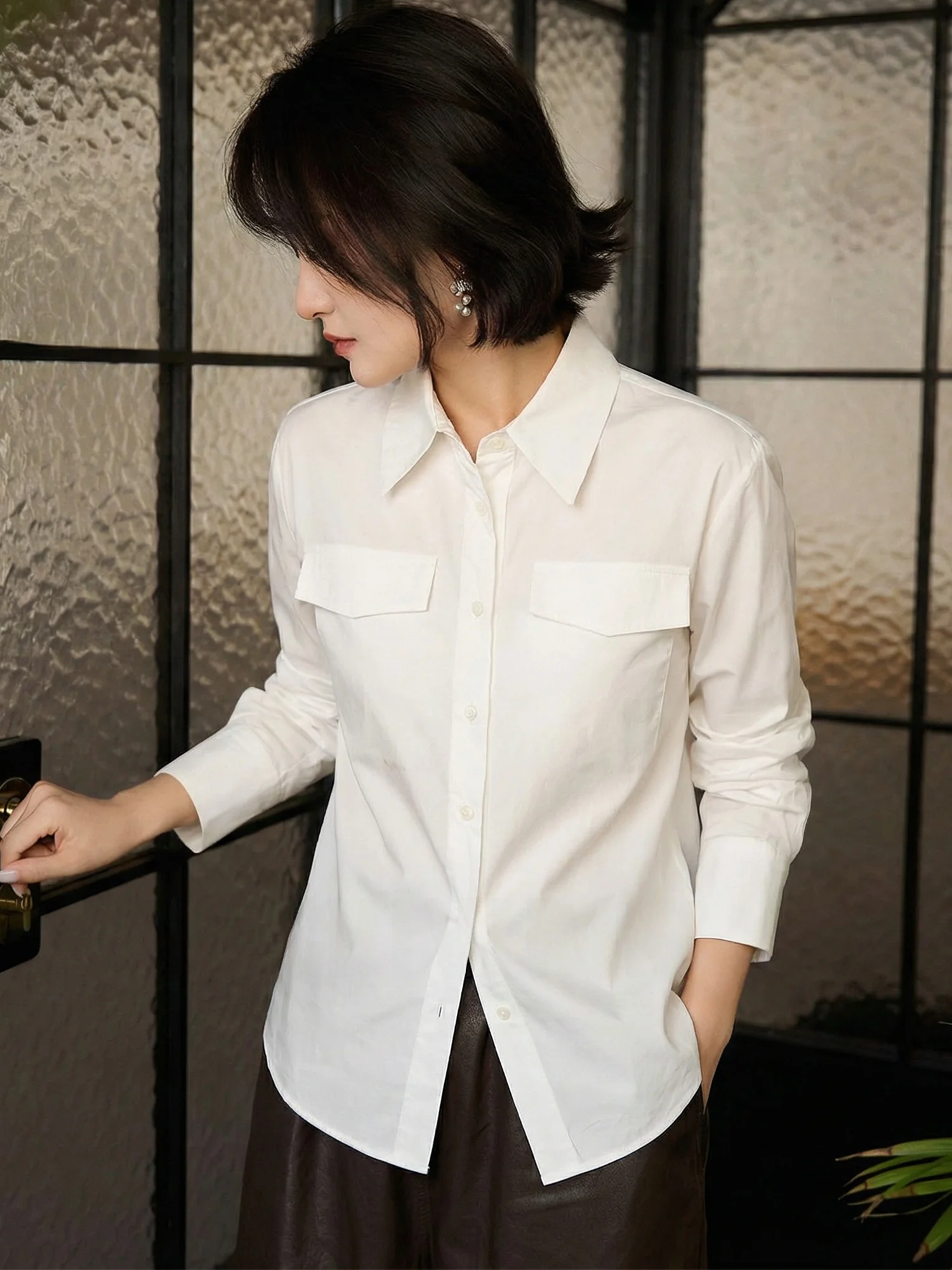 

Chivirin mat 00% Cotton Double ket Ladies irt Spring 2026 Lightweight Loose Long Sve Pure Color Breathable