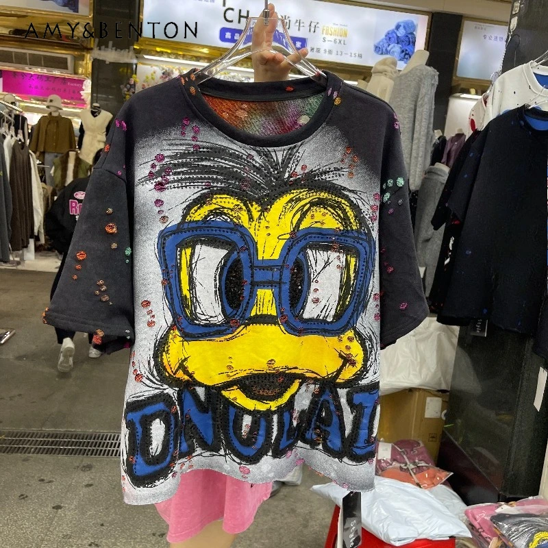 

2025 Autumn New Loose Fit Tshirts Heavy Industry Cartoon Short Sleeves T-shirt For Women's Y2k Sweet Short Tees Kawaii Clothes