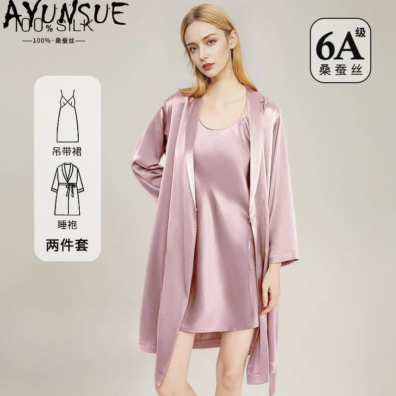 AYUNSUE 100% Silk Women's Pajamas and Robes Solid Color Pajama Sets Sleeveless Dress Long Sleeve Robe Womens Matching Sets 잠옷