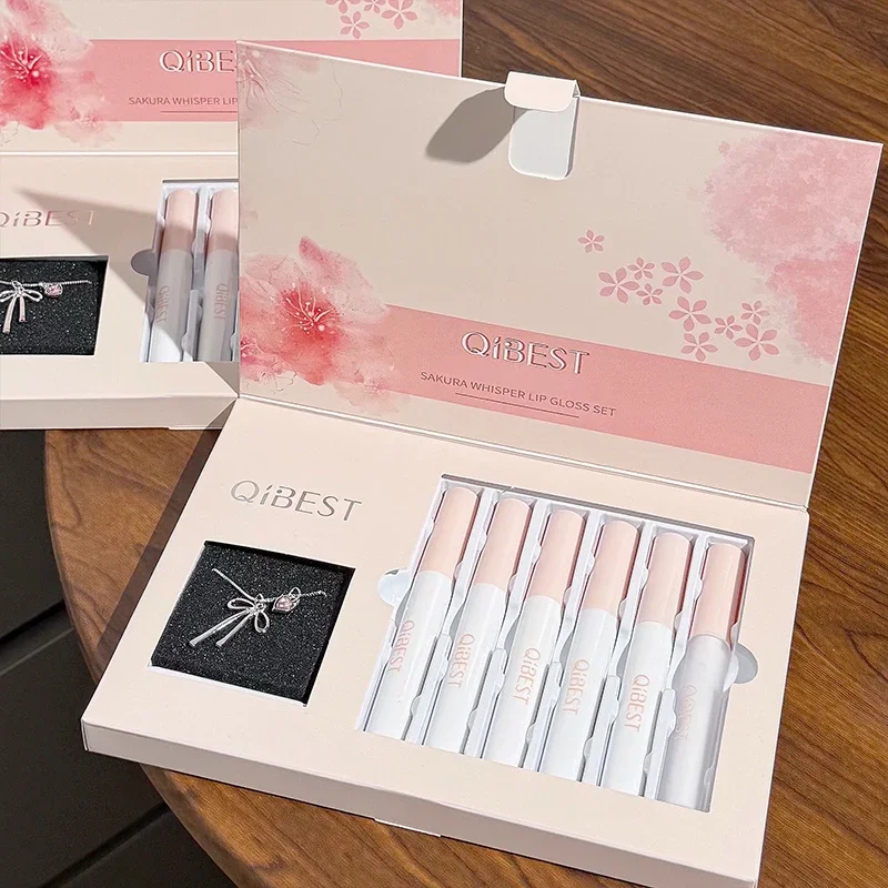 QIBEST 6 stks/doos Matte Lippenstift Sets En Spiegel Waterige Lip Glazuur Blijvende Lip Make-Up Sets Hydraterende Lipgloss Tint Ketting Gift