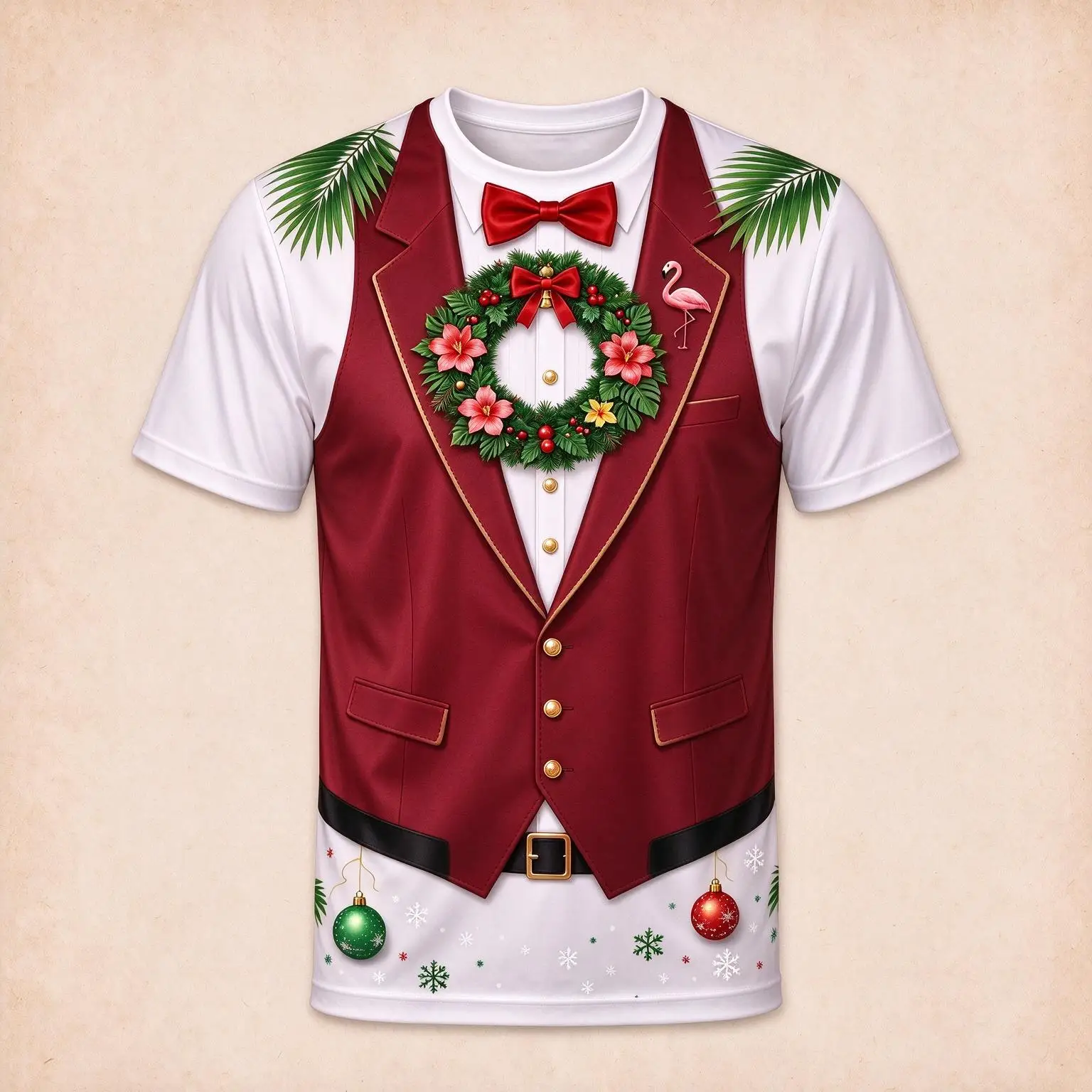 Men Christmas Fake Vest T-shirt, Wreath Bow Tie Flamingo Palm Leaf Graphic Tee, Xmas Party Casual Short Sleeve Tops