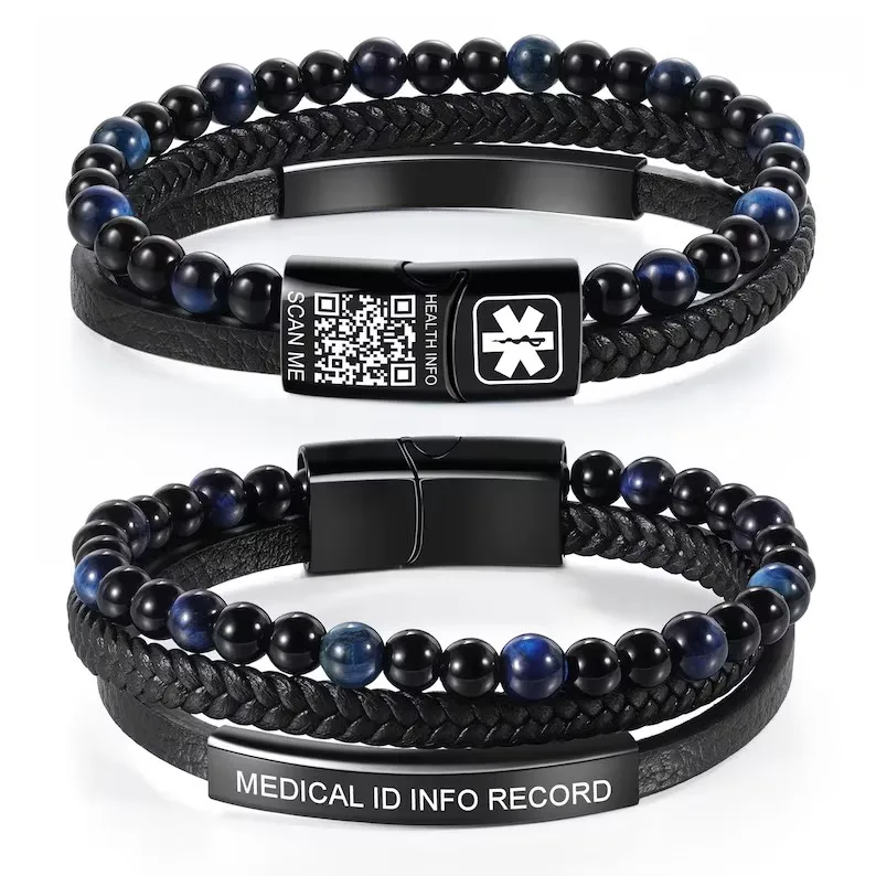 Natural Tiger Eye Stone Medical ID Bracelet Men Braided Genuine Leather Wristband Custom QR Code Emergency Alert Health Jewelry view 3