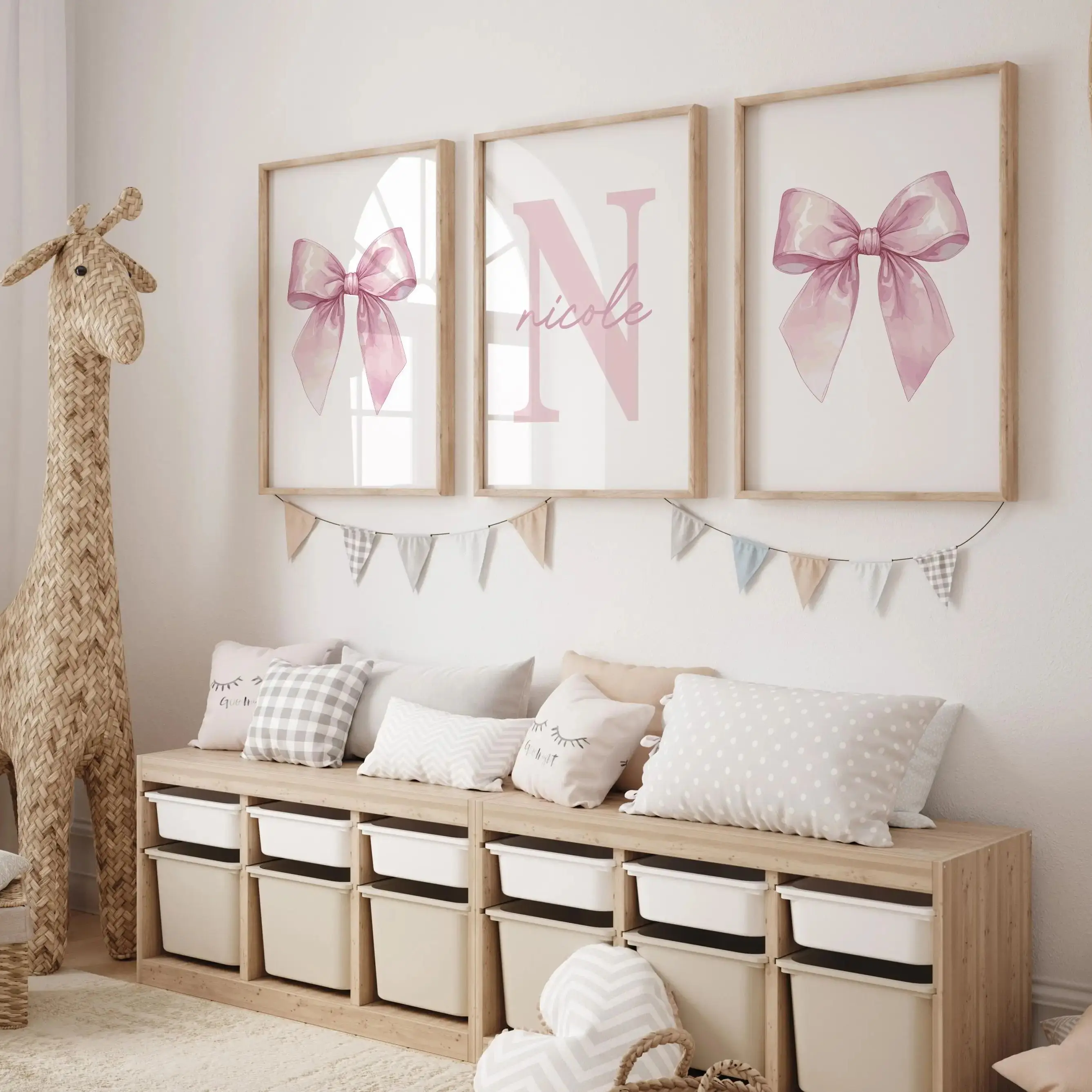 Custom Pink Bow Watercolor Wall Art Set Prints Personalized Name Sign Room Decor Custom Initial Girly Art Nursery Decor Gift image 4