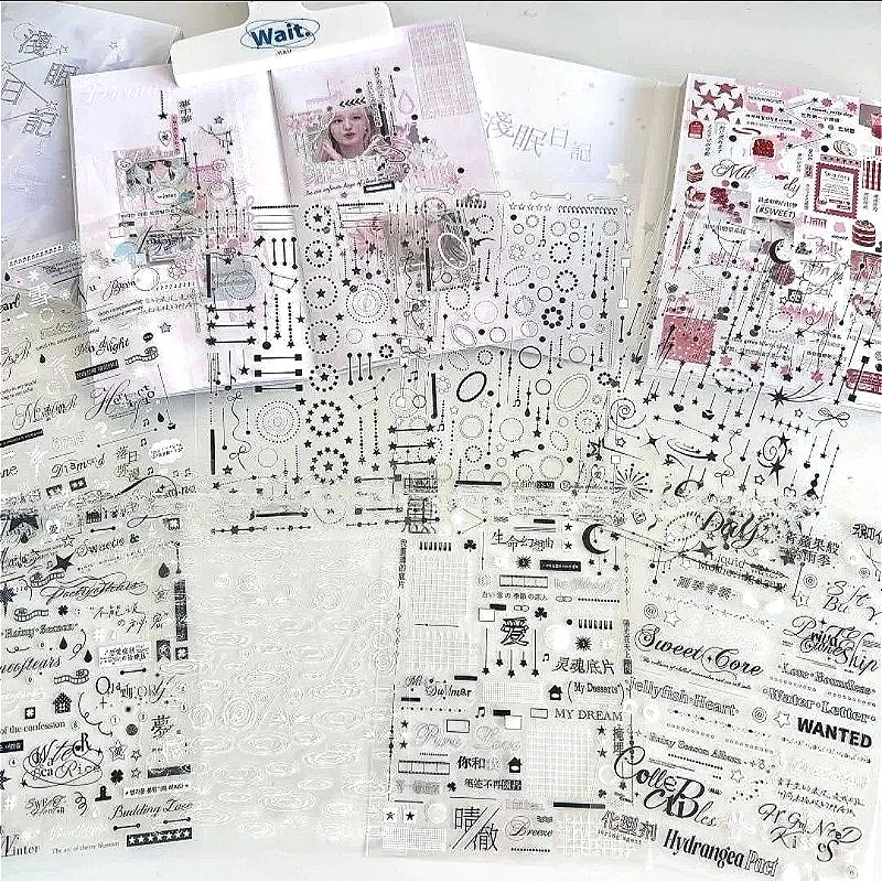 8Pcs Kawaii Black White Stickers PET Y2K Junk Journal Decorative Material Sticker For Scrapbooking Diary Sticker Stationery view 5