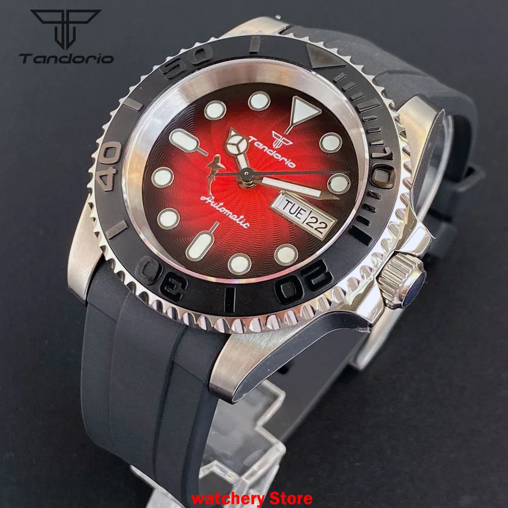 Tandorio 40mm Mechanical Dive Watch Men NH36A Movement Red Dial 200M Waterproof Lume Sapphire Date Week Rubber Strap