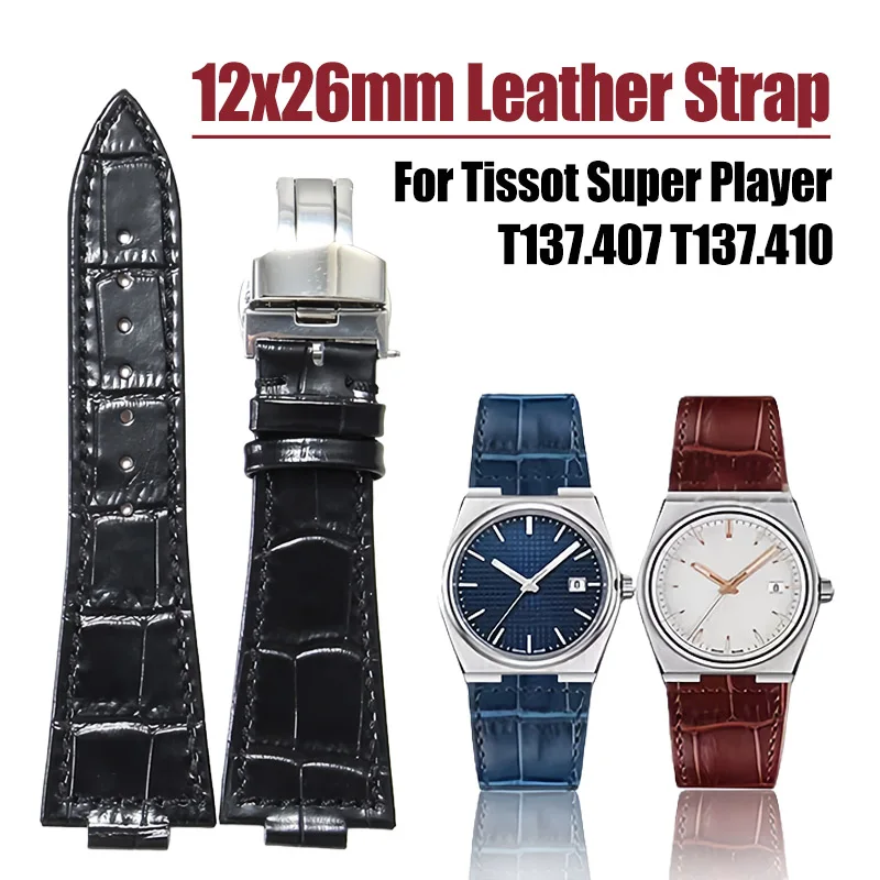 Correa de reloj de cuero de 12x26mm para reloj Tisso PRX Super Player Series T137.407 T137.410, pulsera deportiva para hombre