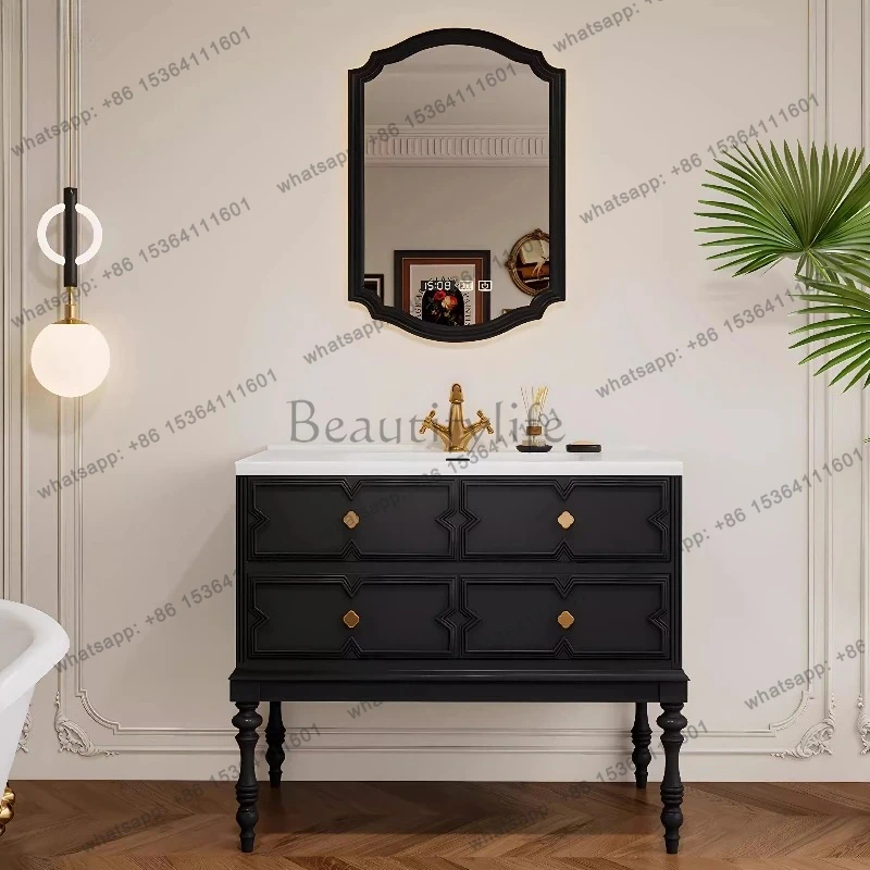 

Small Apartment Retro Style Floor-to-ceiling Ceramic Integrated Basin Rubber Wood Bathroom Cabinet Washstand