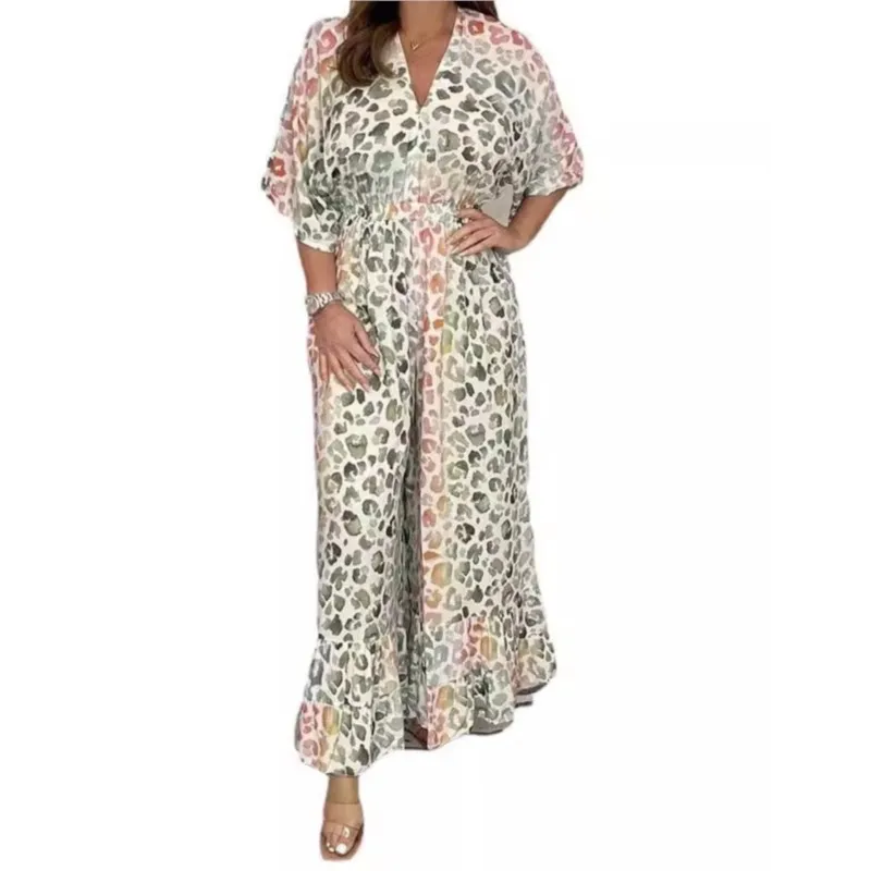 夏のヒョウプリント女性ジャンプスーツ V ネック半袖ワイドレッグパンツスーツ女性のファッションカジュアルルーズセット服女性の衣装