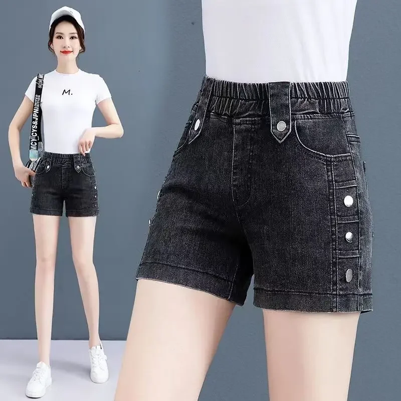 Pantaloncini di jeans elastici a vita alta per le donne in estate Nuovi pantaloni da donna larghi a gamba larga sottili e versatili in vita elastica XT1216