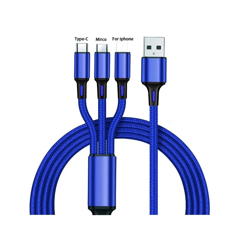 For ios/Android/Type-C Nylon Woven 1 to 3 Fast Charging Data Cable Extension of 1.2 Meters Three in One Charging Cable