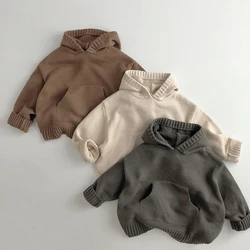 Front Pocket Fine Knit Kids Baby Sweater vintage Children's Clothing Knit Hoodie Pullover Boys Hooded Sweater Girls Knitted Coat