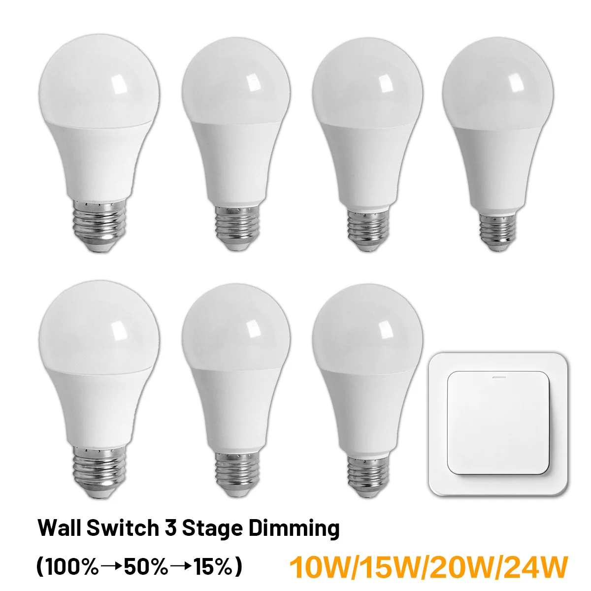 10W 15W 20W 24W 3‑Way LED Bulb  220V 100%-50%-15% 3 Brightness Levels for Floor Bedside Lamps Controlled By Wall on‑Off Switch