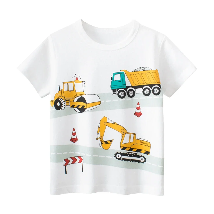 Kids T shirt Summer Children's Clothing Crane Vehicle Cute Boys Short Sleeves White T-shirt Casual Pure Cotton Tops Tees Clothes