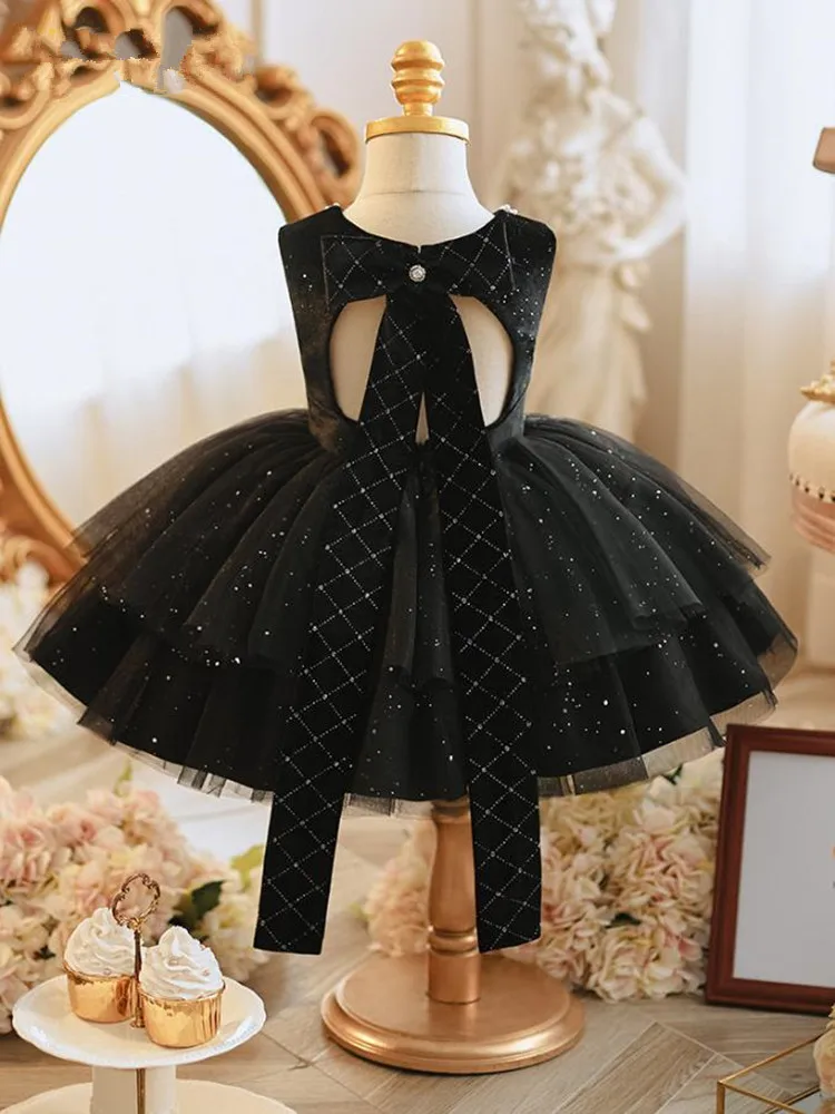 2024 New Kids Clothes Children Boutique Princess Ball Gown Birthday Baptism Party Girls Black Dresses A3692