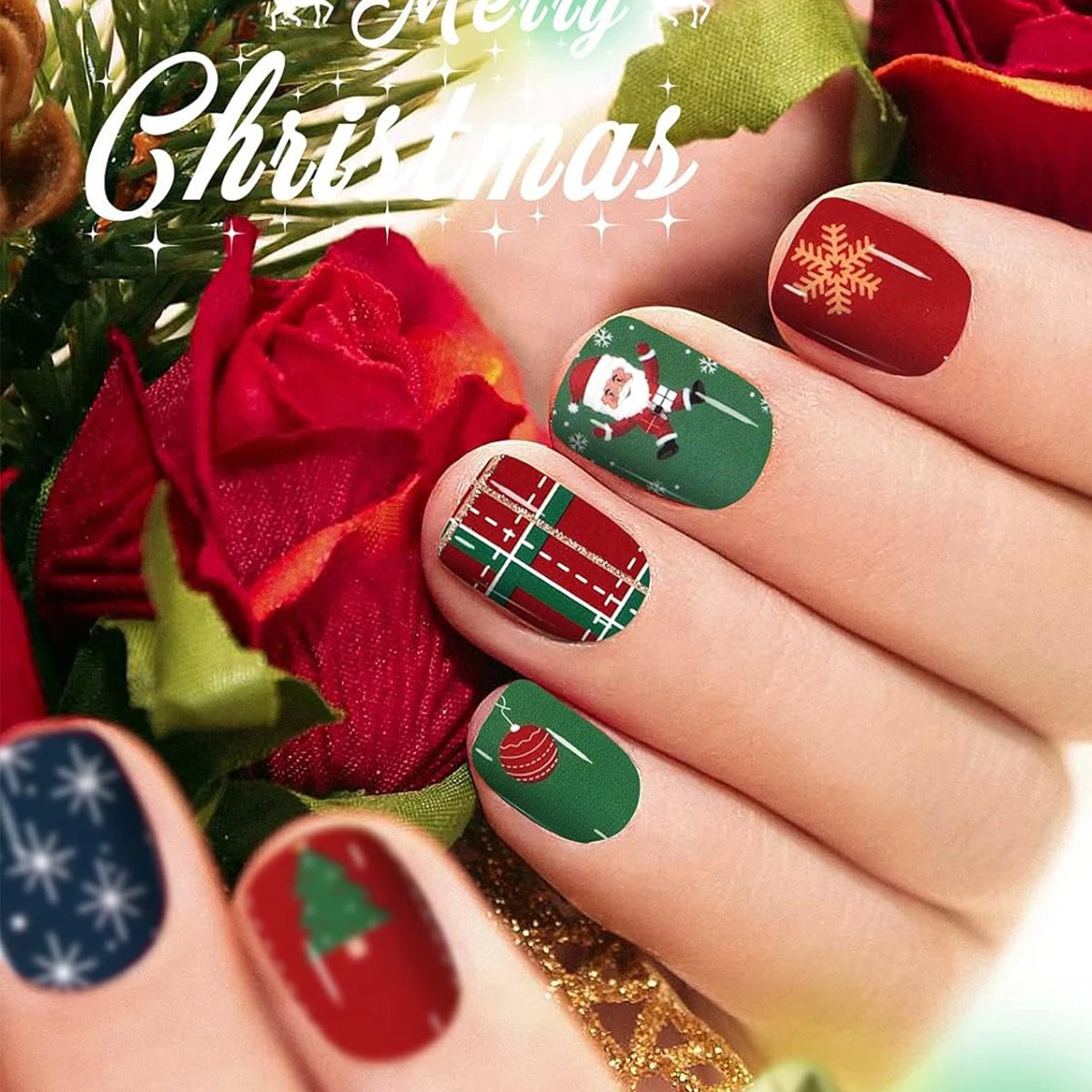 12피스 크리스마스 풀 세트 네일 랩, 산타클로스, 펭귄, 눈사람 디자인의 에반쿠 접착 네일 아트 폴리쉬 스티커, 네일 파일 1개 포함, 여성용 크리스마스 네일 장식에 적합