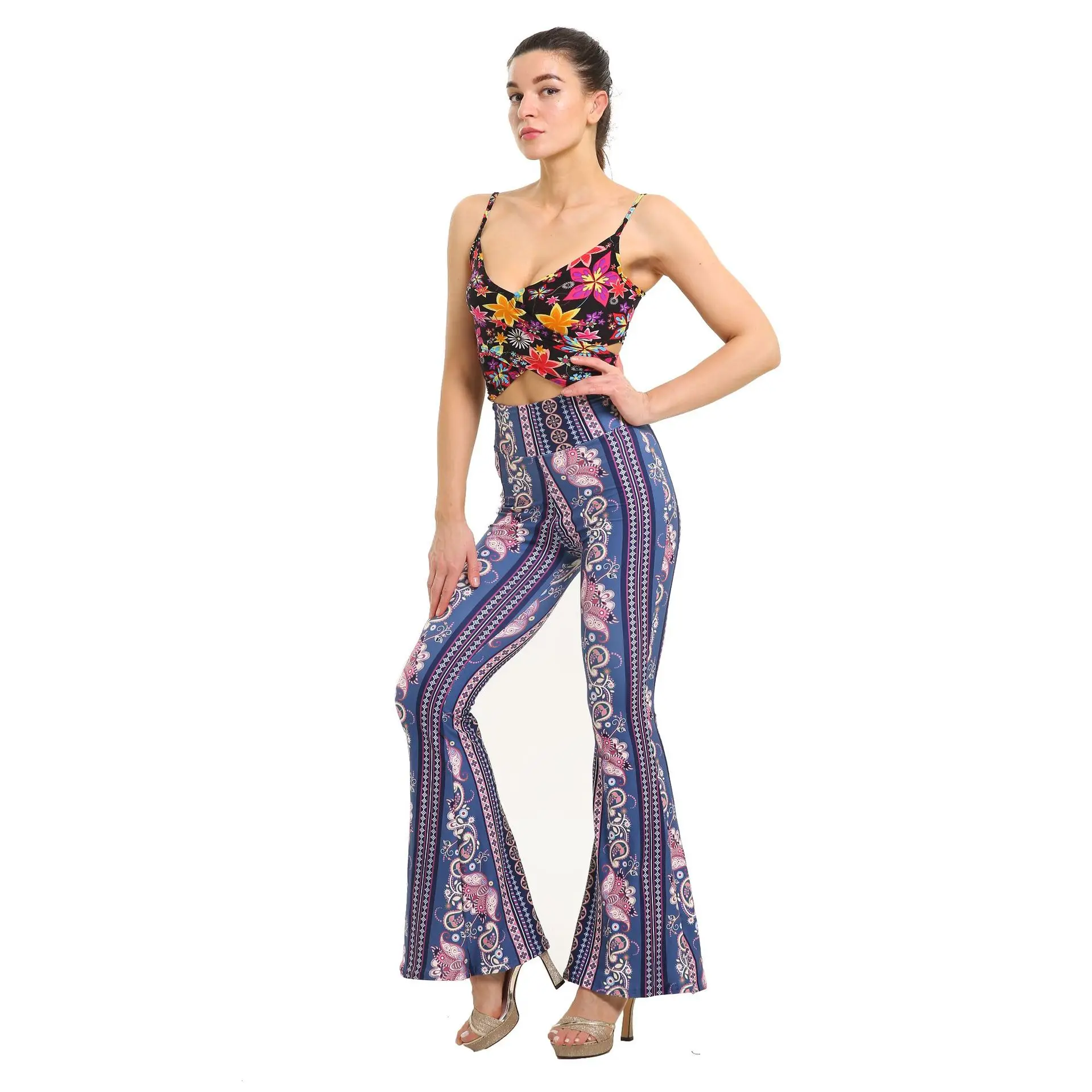 High Waist Printed Wide Leg Pants Women's plus Size Extended Slim Fit Flared Yoga Sports Pants Casual Wear Polyester Milk Silk