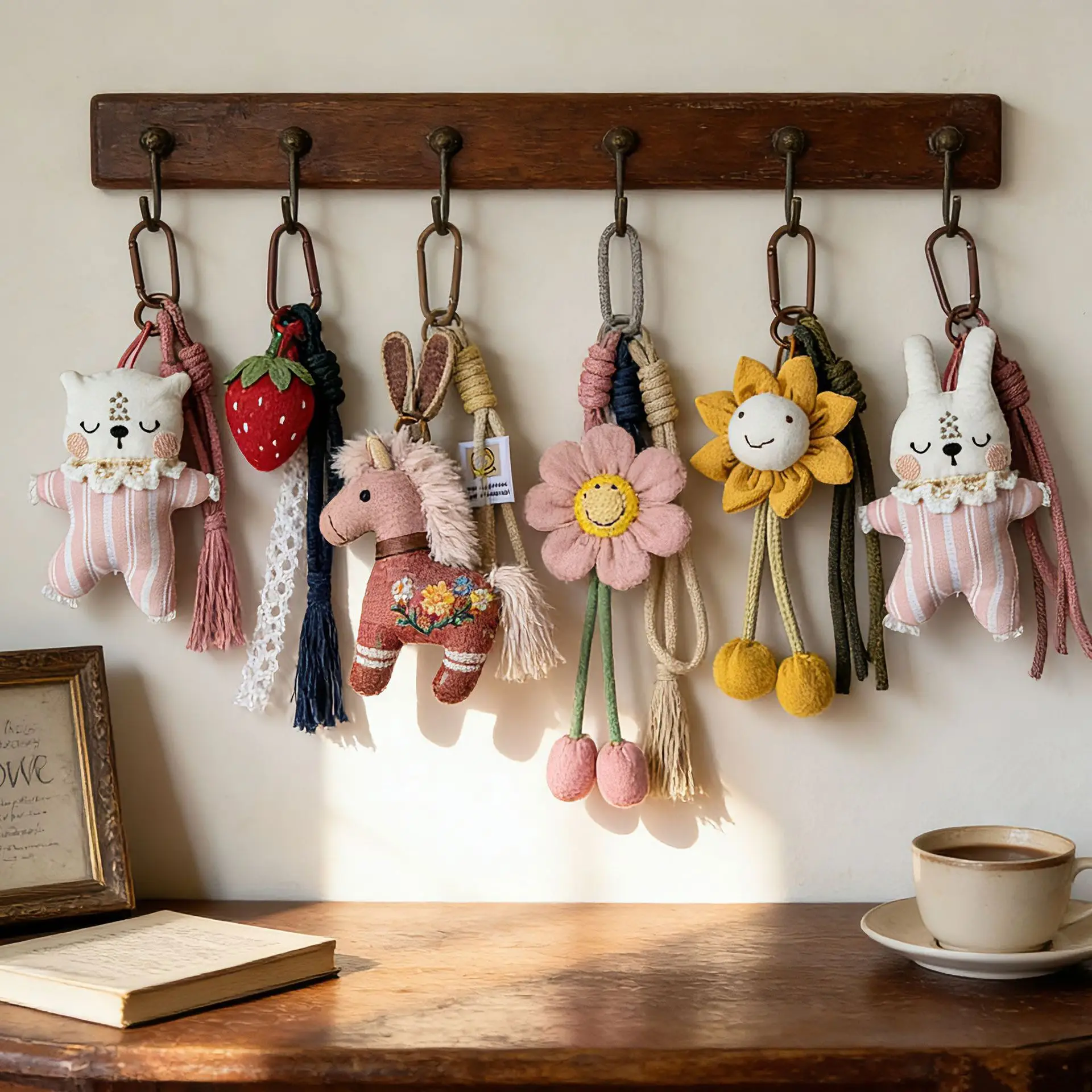 Keychain Charm Fabric 3D Flower Animal Cartoon Doll Cute Forest Style Vintage Bag Pendant Lanyard Student Daily Decoration DIY