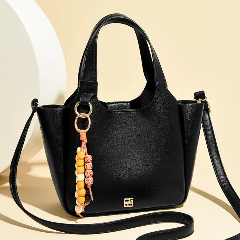 

2026 New Beaded Charm Tote Bag, PU Material, With Top Handle & Detachable Crossbody Strap, Versatile & Trendy
