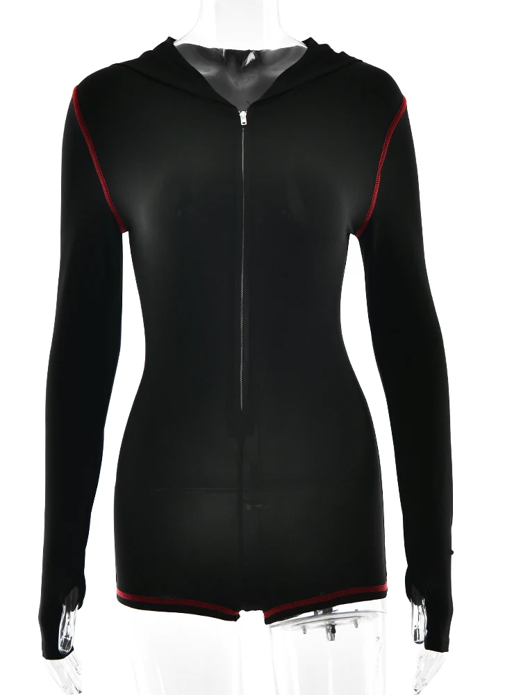 JULISSA MO Con Cappuccio Manica Lunga Cerniera Donne Pagliaccetto Angelo Nero Diamanti Lucido Tuta Autunno Skinny Elegante Partito Clubwear 2025