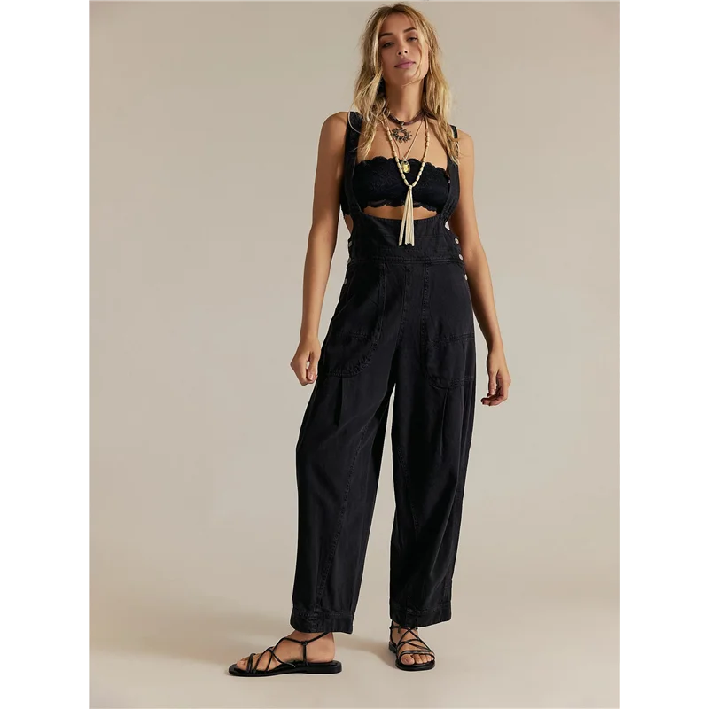 ABP-Jumpsuit Romper Denim Tanpa Lengan Model Longgar Kasual Wanita Dengan Saku dan Tali Pengatur