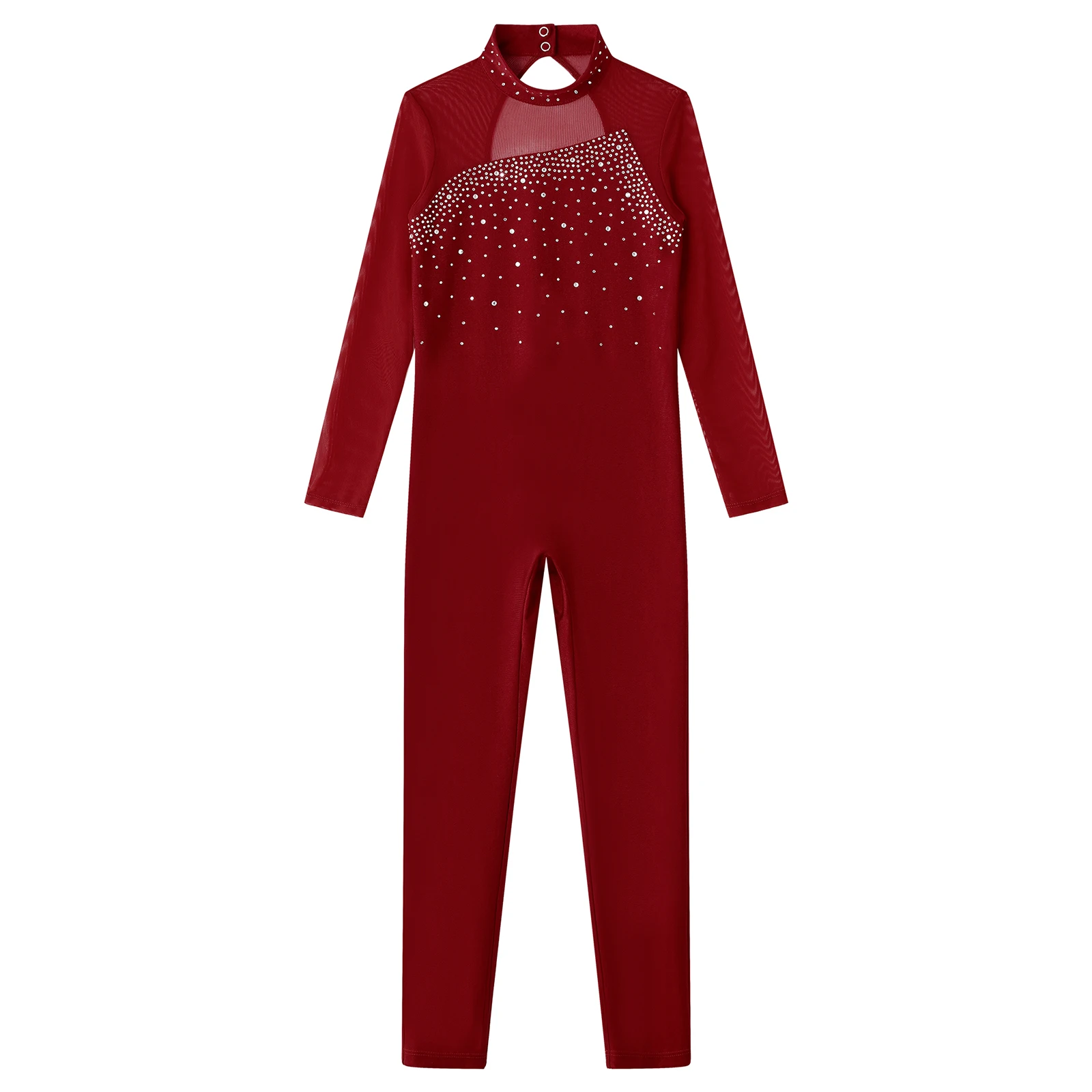 Kids Girls Gymnastics Workout Jumpsuit Long Sleeve Round Collar Shiny Rhinestone Decor Sport Figure Skating Leotard Dancewear