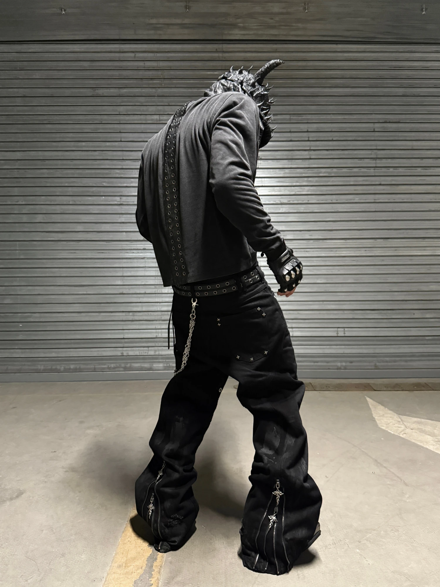 TH4SWE Original Dark Pioneer Black Bull Straight Leg Micro Flared Double Zipper Motorcycle Pants Wax Brushing Nail Collision