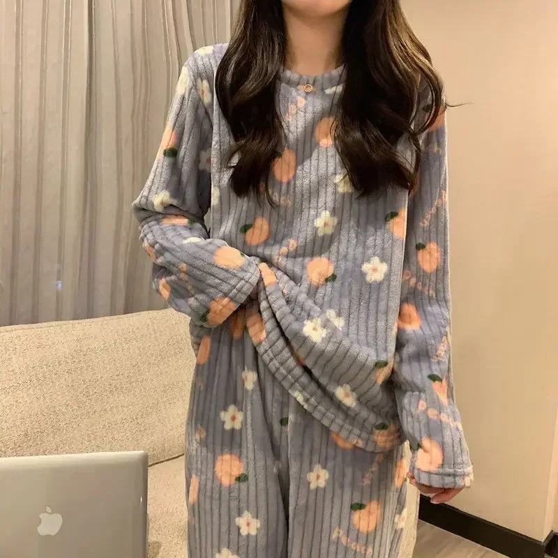 Women Pajama Sets Cute Peach Printed Suit Pullovers And Pants Warm Sets Thicken Fleece 2 Pieces Sets Women 2024 Autumn Winter