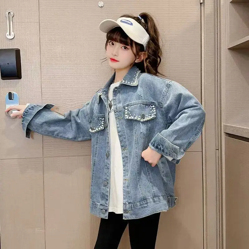 

Jacket for Girls Autumn New Beading Denim Coat Fashion All-match School Teen Kids Outerwear 5-14 Years Children Casual Tops