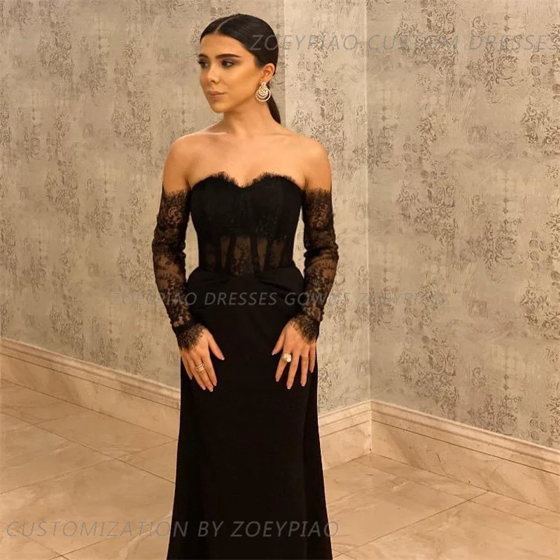 Sexy Zwart Kant Lange Formele Avondjurk Sweetheart Satijnen Galajurken Bruiloftsjurken Cocktailparty Vestido Noche