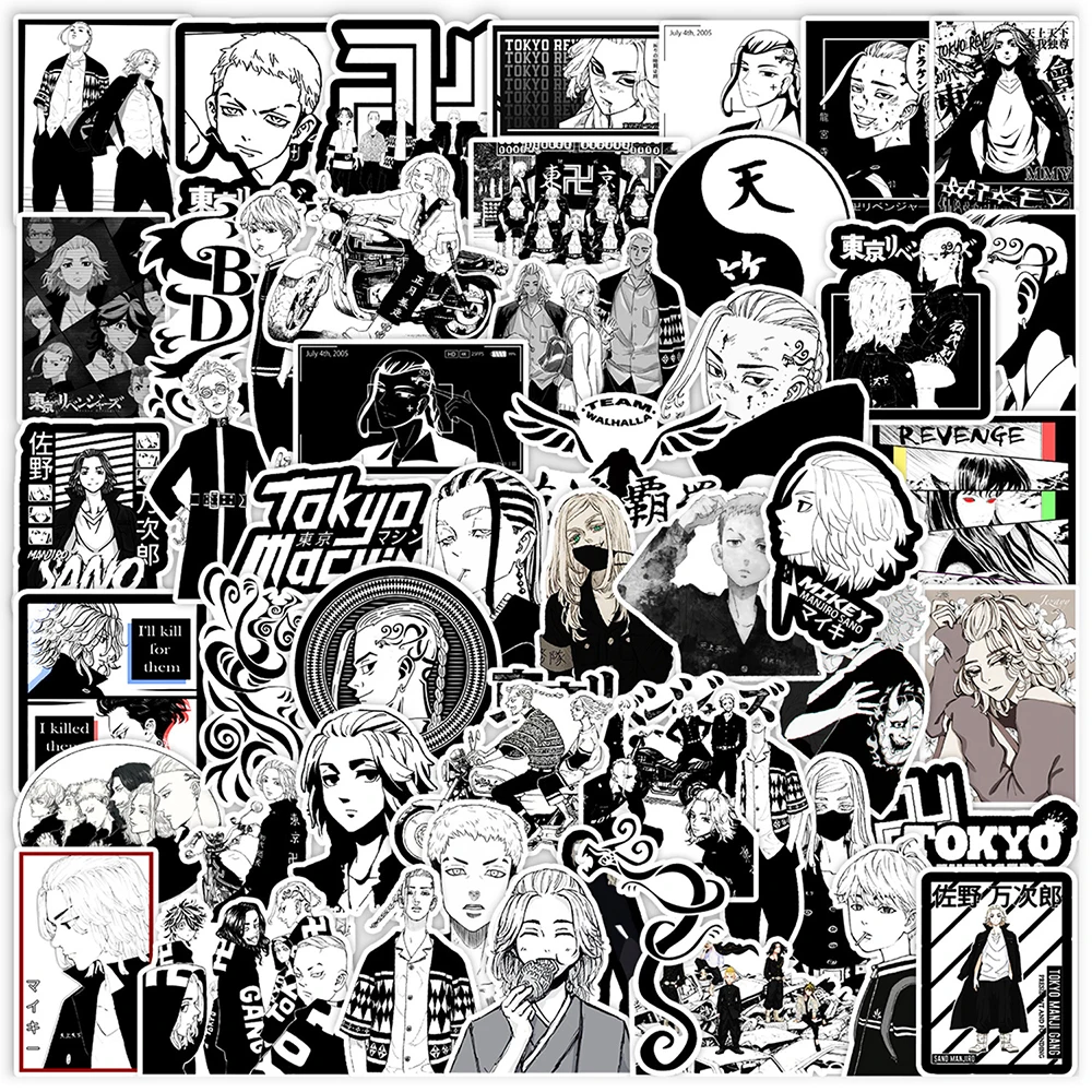 

10/30/50pcs Cool Black White Anime Tokyo Revengers Stickers Cartoon Manga Graffiti Decal DIY Notebook Phone Laptop Sticker Decor