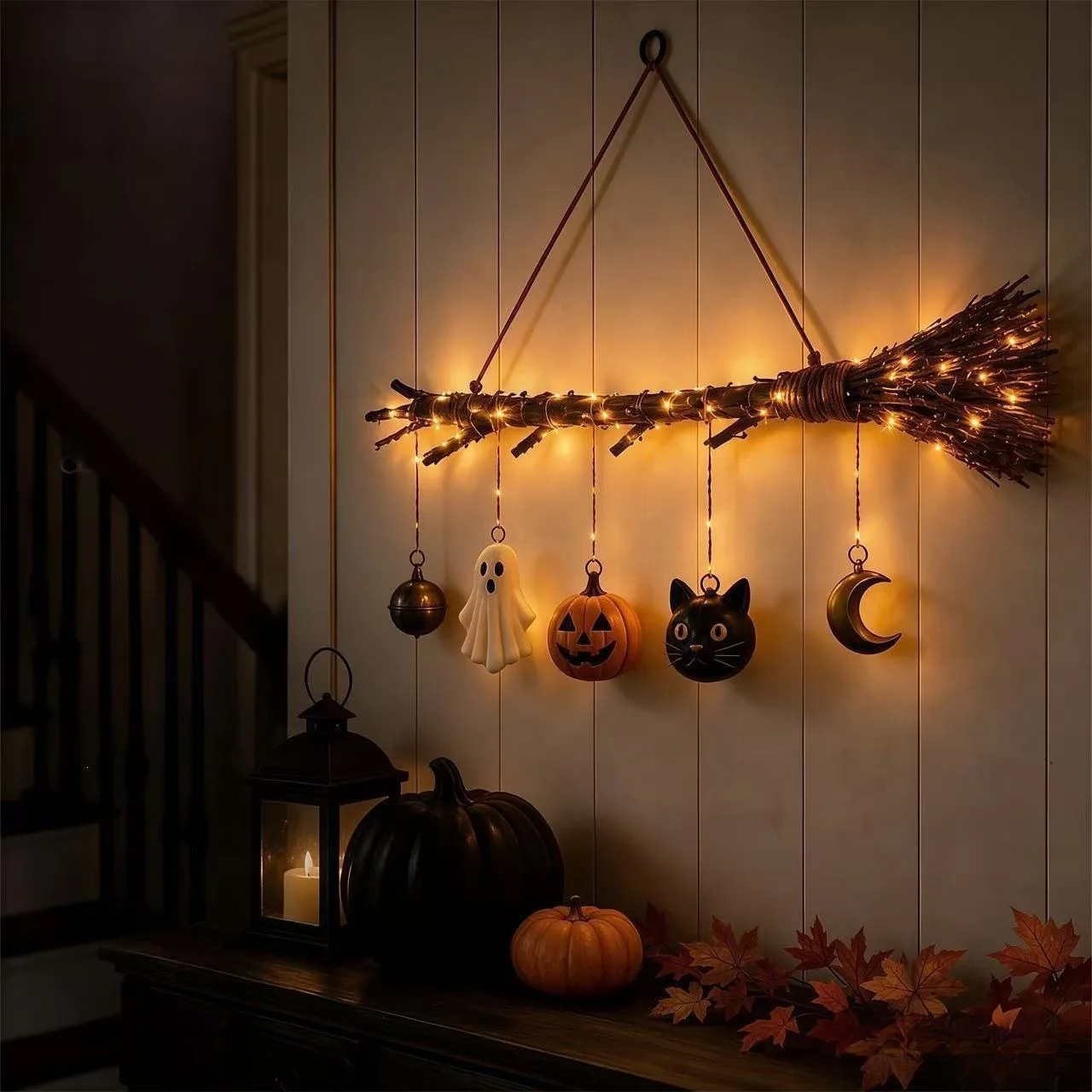 LED Light Halloween Witch Broom Hanging Ornament Pumpkin Ghost Cat Moon Pendant Wall Decor for Party Home Decoration
