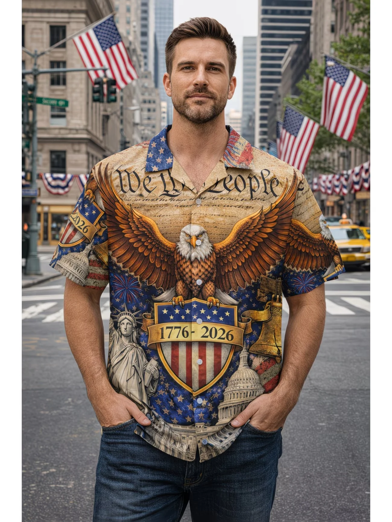 Mens 1776 2026 250 Years Of Freedom US Patriotic Eagle Print Short Sleeve Button Down Hawaiian Shirt Plus Size