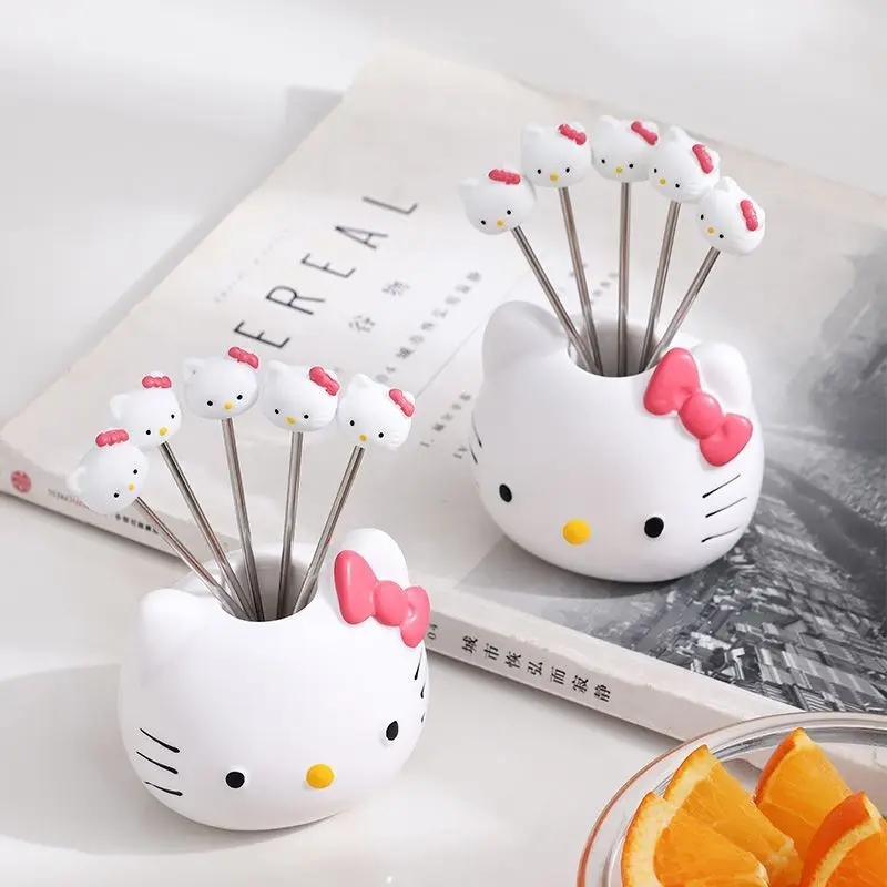 Creatieve schattige Hello Kitty fruitvorkset Roestvrijstalen kinderveiligheid fruitvork Desktop opslagpot ornamenten Vakantiecadeau