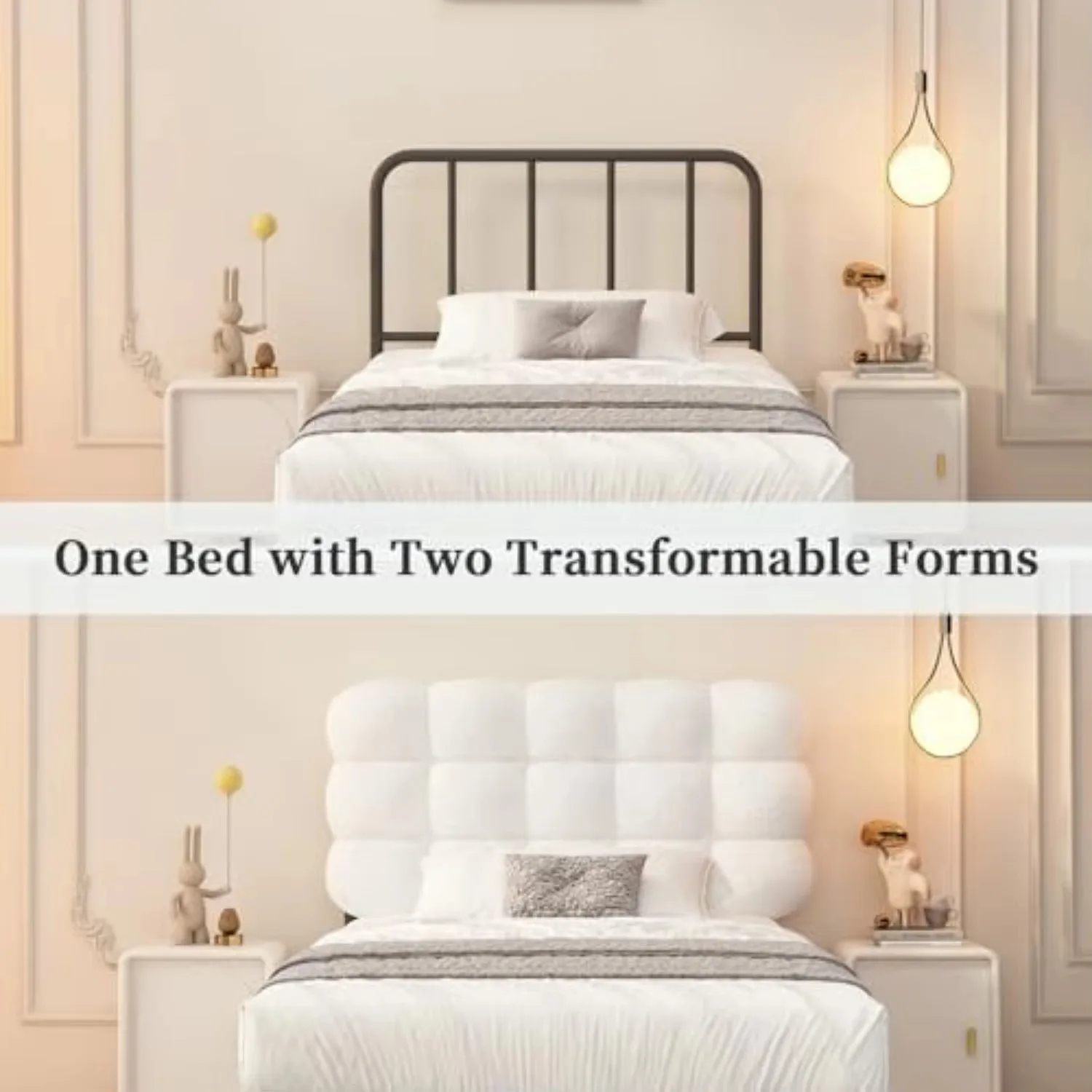 Twin Bed Frame, Soft Cloud Boucle Headboard, White | A removable headboard creates two bed configurations. Metal legs image 3