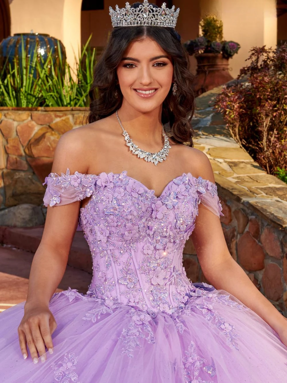 Quinceanera Prom Dresses, Roxo, Gola querida, Princesas, Brilho longo, Flor 3D, Sweet 16 Dress, Fora do ombro