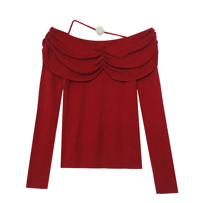 2025,European Clothes Fall Winter Knitted T-Shirt Chic Sexy Off Shoulder 3D Patchwork Women Pullover Long Sleeve Tops Tees 41001