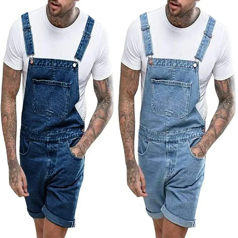 Wepbel One-Piece Working Bib Top Pants Denim Retro Jeans Overalls Summer Men\'s Denim with Hole Shorts Suspender Shorts Jeans