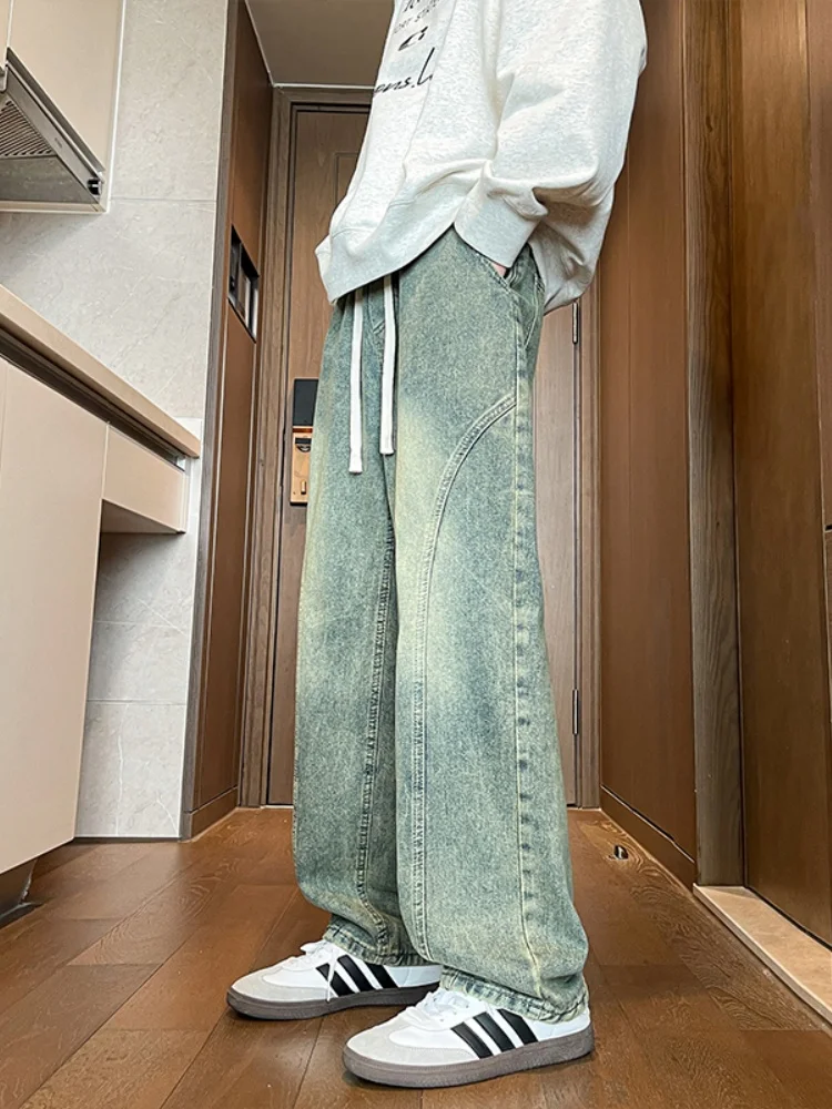 

Мужские джинсы с эффектом потертости, весна-осень, на шнурке, прямые широкие брюки в американском уличном стиле, слегка расклешенные